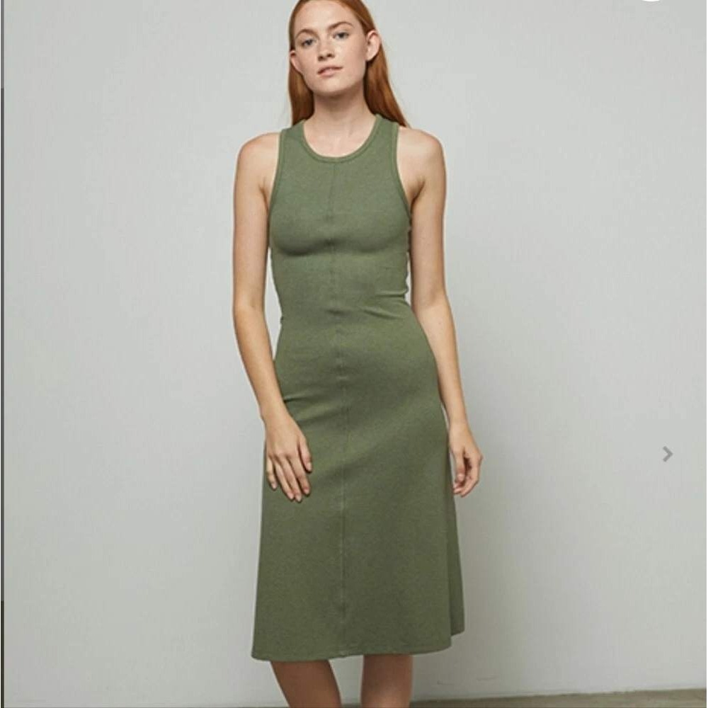 Lunya Restore Fitted Lounge Dress Humble Green Heather Pima Cotton Midi Womens M